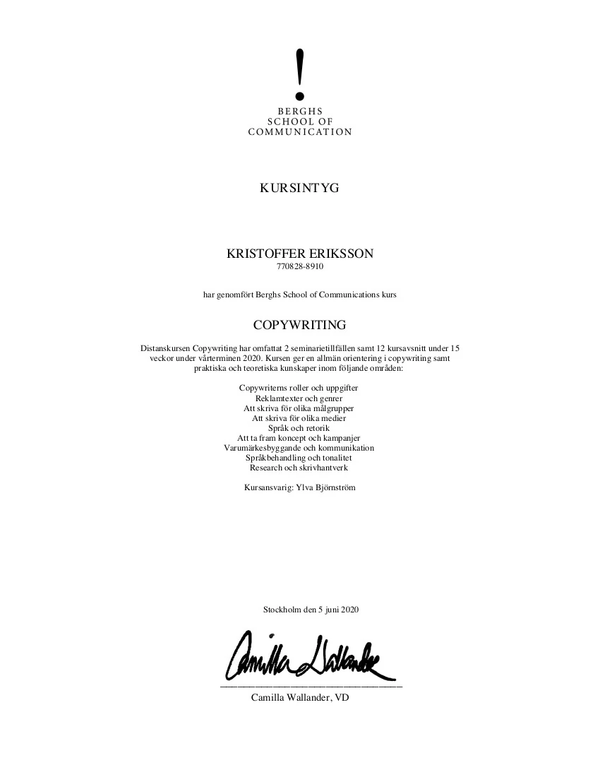 Kursintyg från Berghs - Copywriting