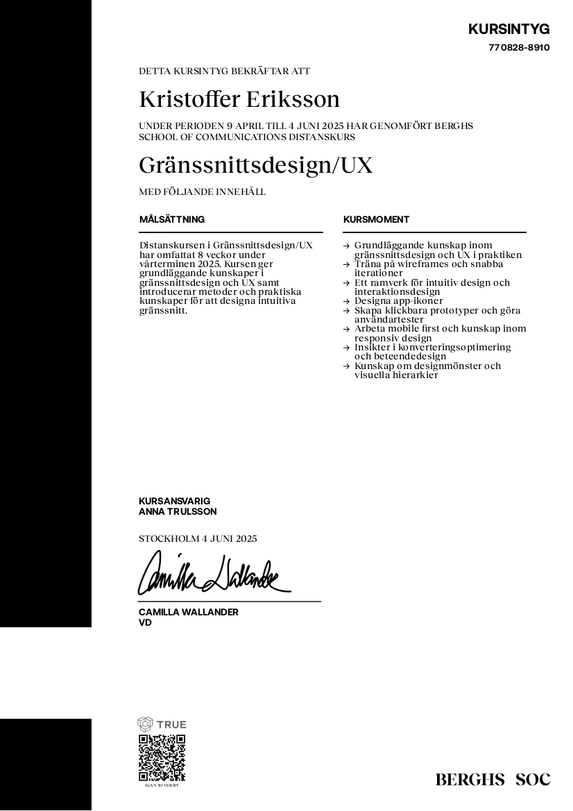 Kursintyg från Berghs - Gränssnittsdesign/UX
